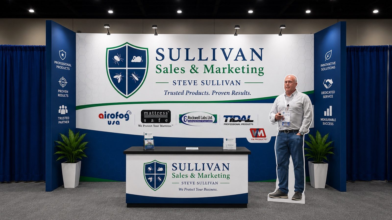 The Sullivan Sales and Marketing exhibit wall showing the company shield, tagline, and represented manufacturer logos